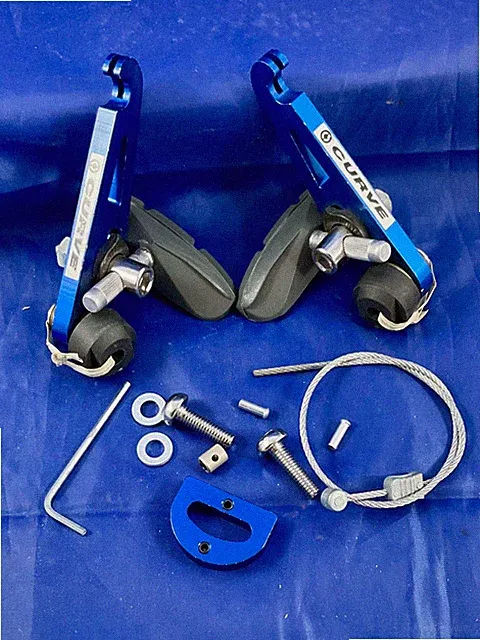 90's CURVE CNC CANTILEVER BRAKE SET (CALIPERS,PADS,BRIDGE,HARDWARE) BLUE BMX NOS